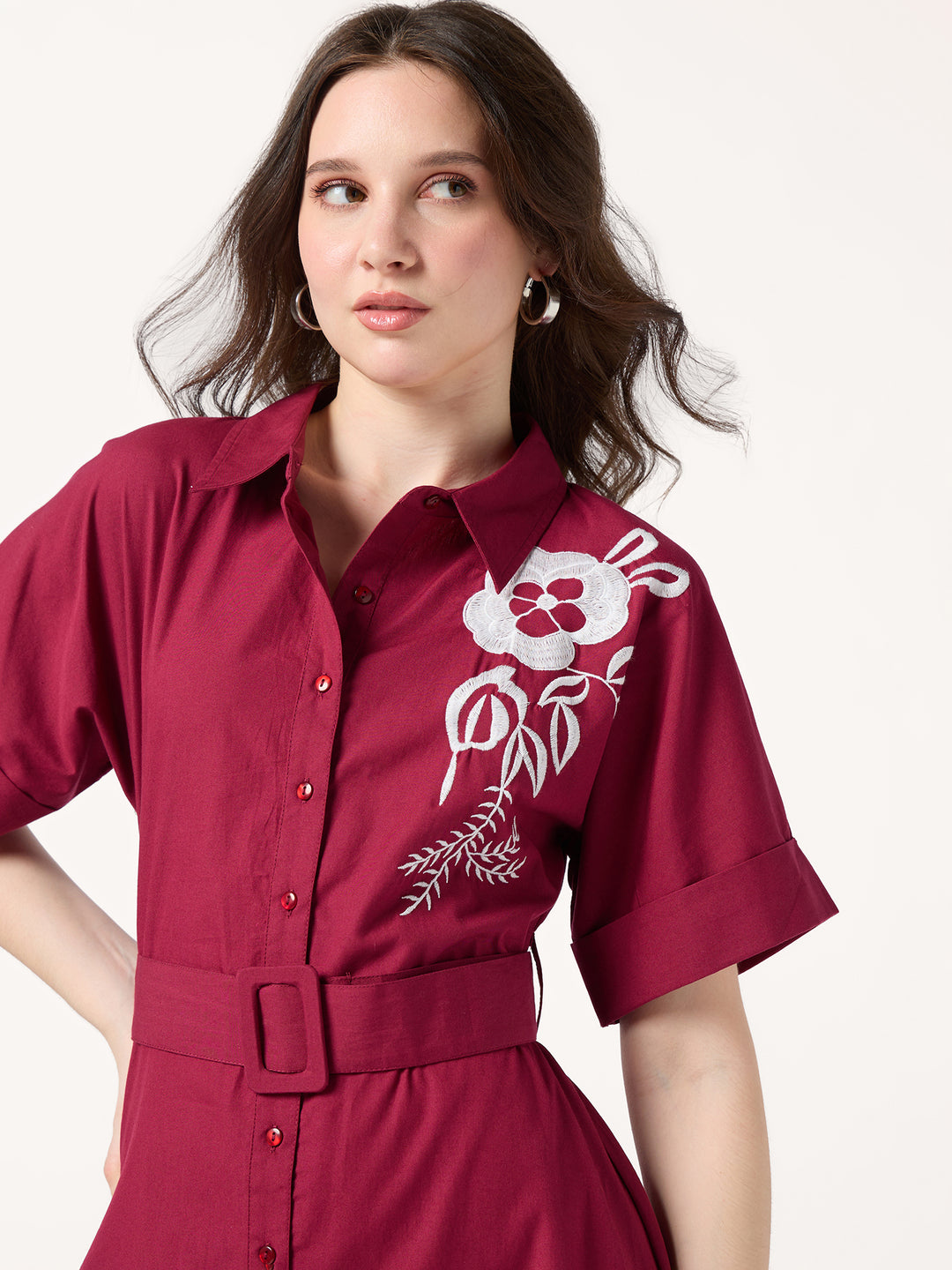 Wine Shirt Dress With Print And Belt Detail