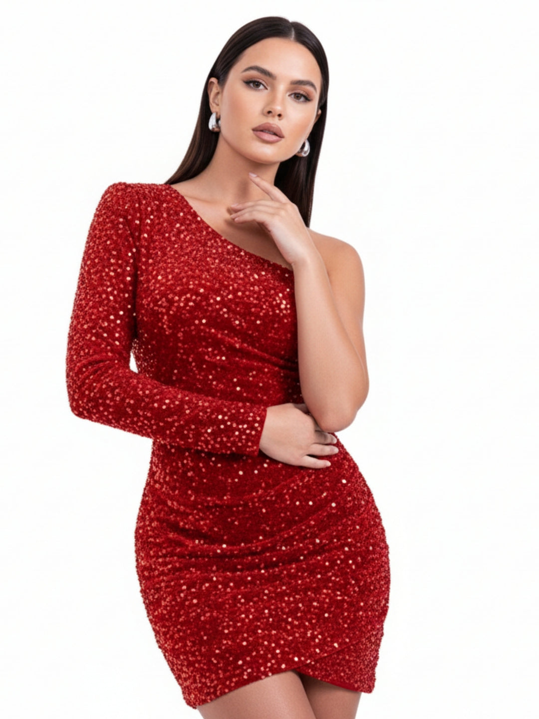 Red One Shoulder Sequined Fitted Wrap Hem Dress