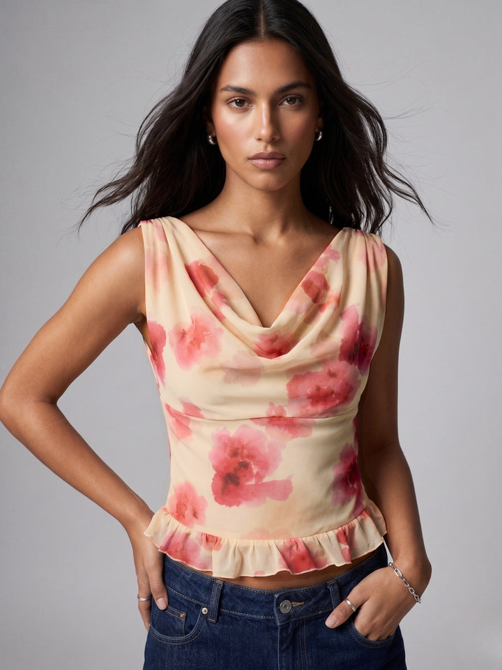 Multi Floral Cowl Neck Mesh Top