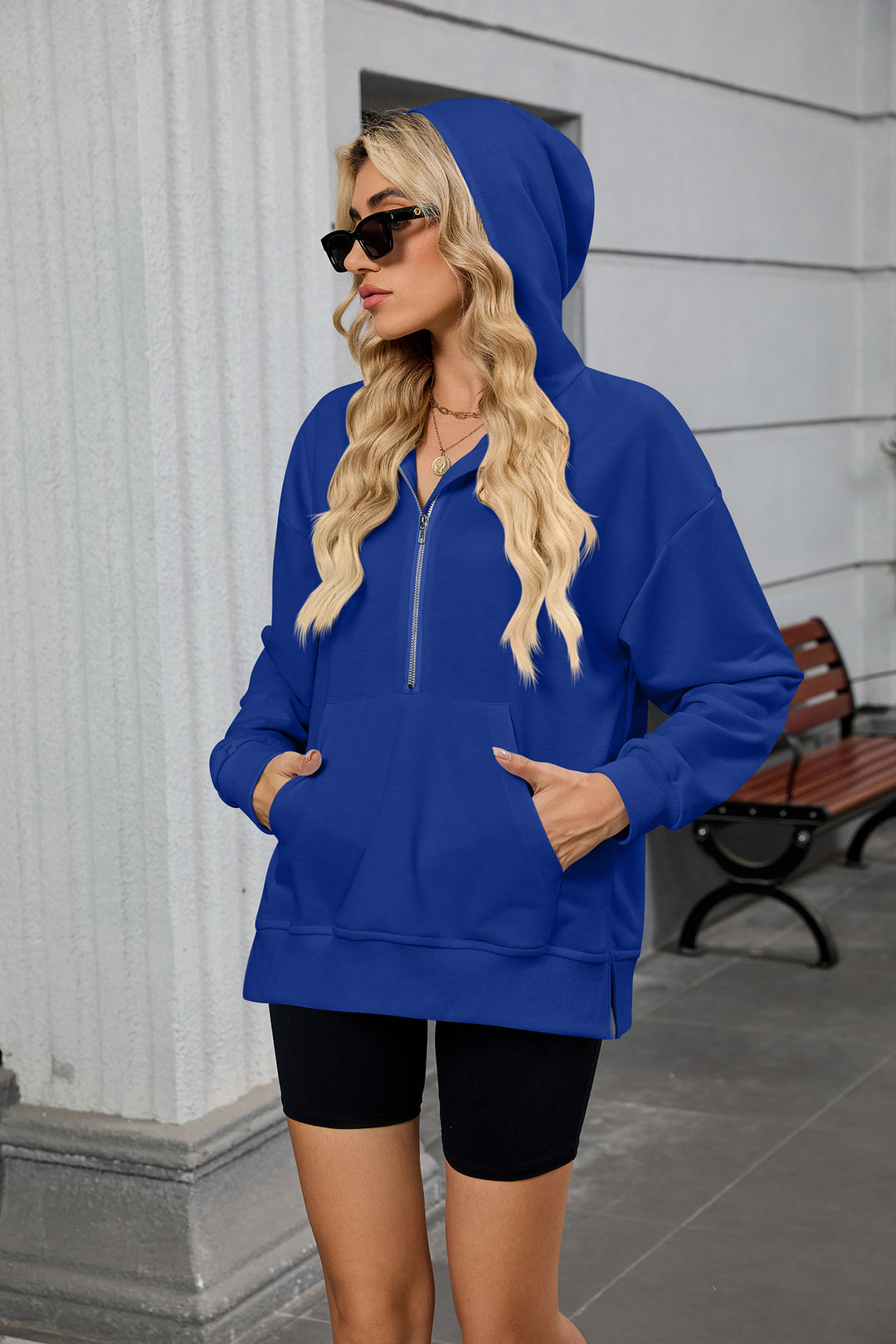 Blue Full Sleeves Half Zip Collared Sweatshirt