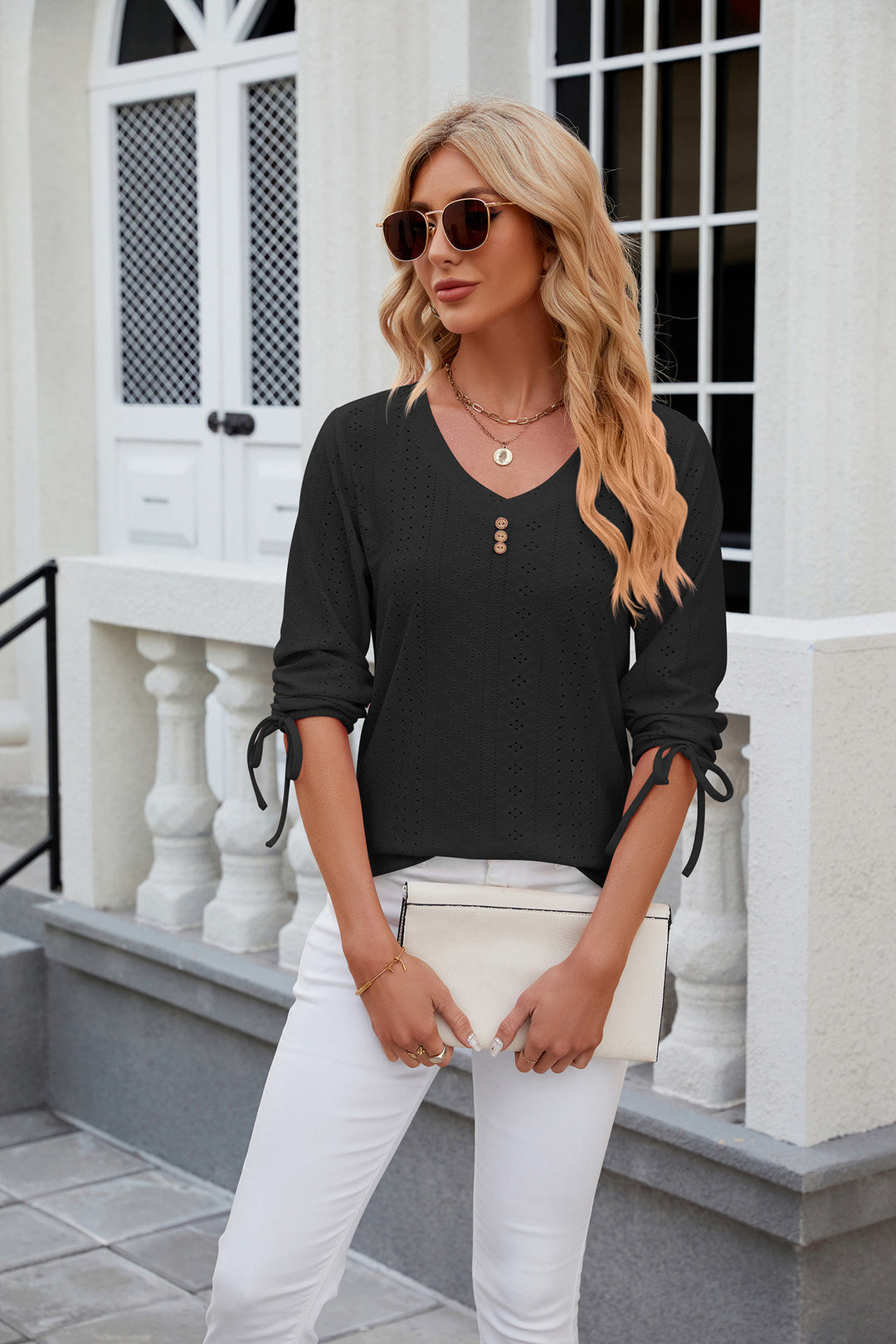 Black V Neck Textured Top