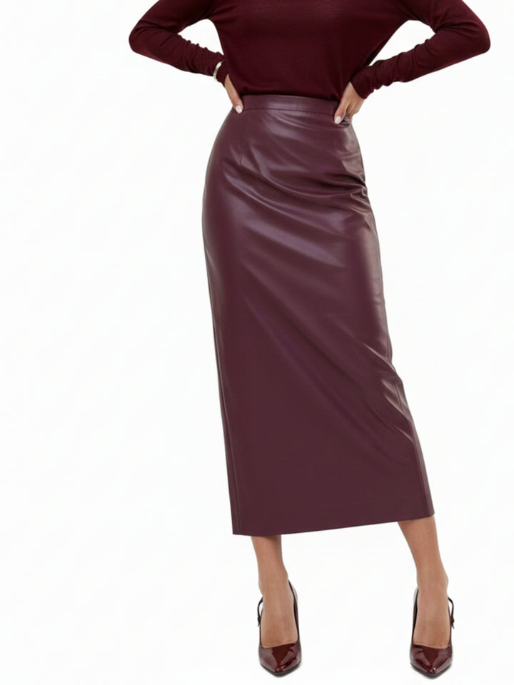 Burgundy High Waist Fitted Pu Skirt