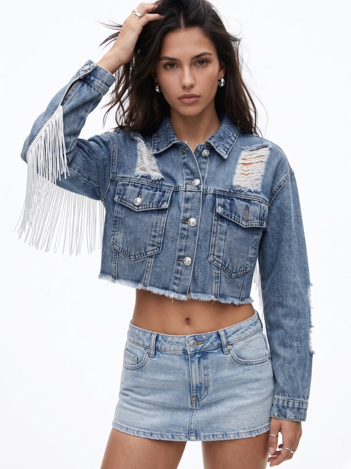 Blue Tassled Fringes Cropped Jacket
