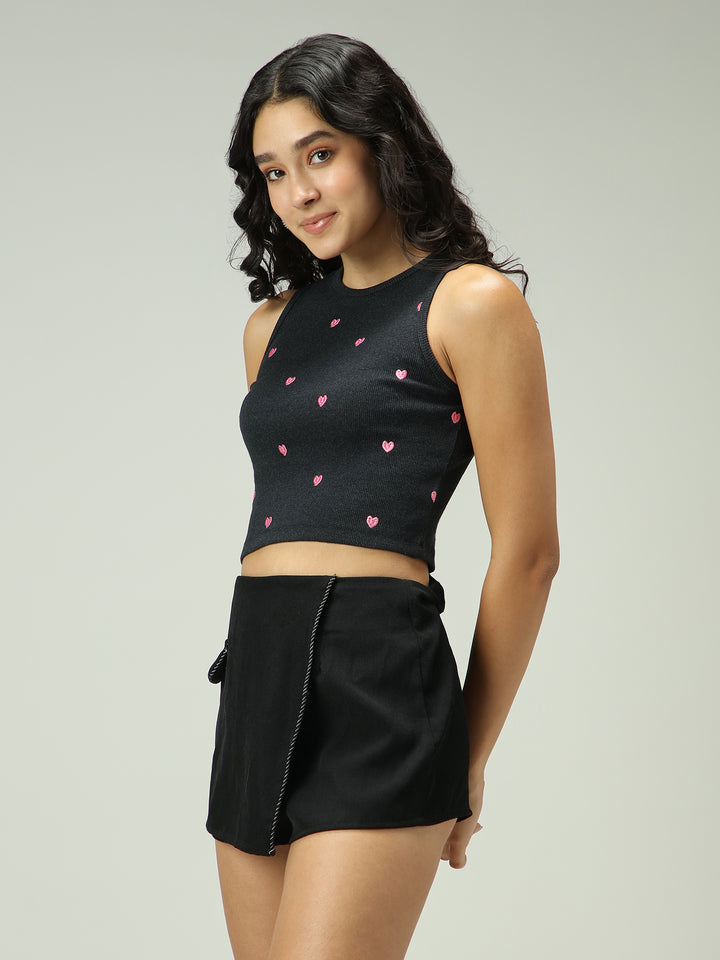 Grey Heart Embroidered Tank Top