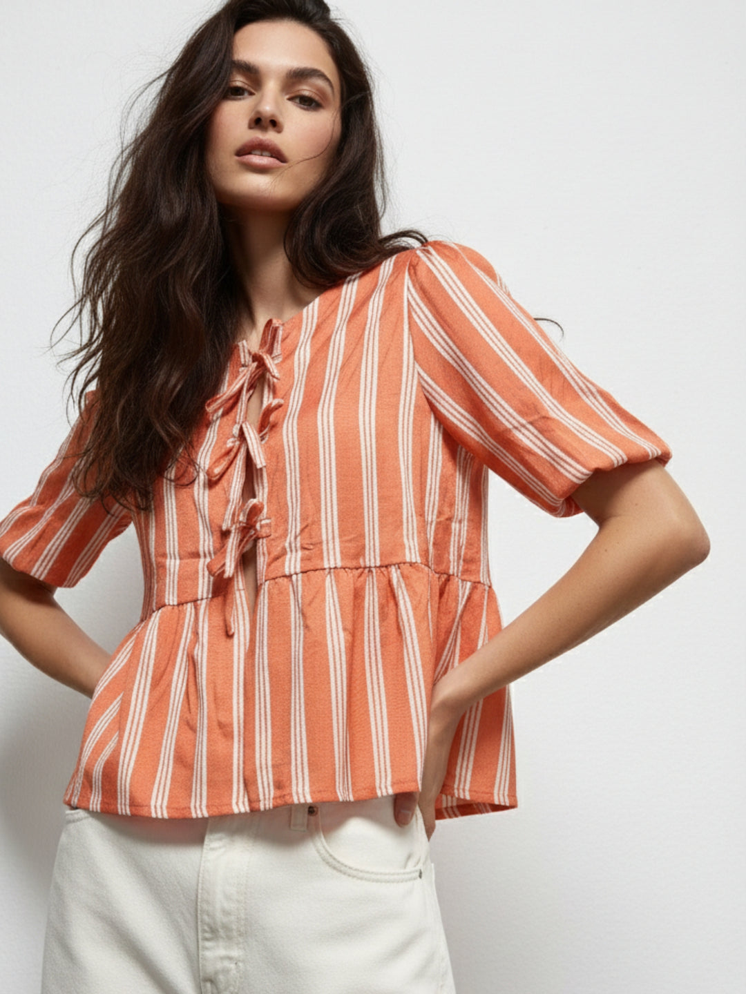 Orange Puff Sleeve Striped Bow Tie-Up Blouse