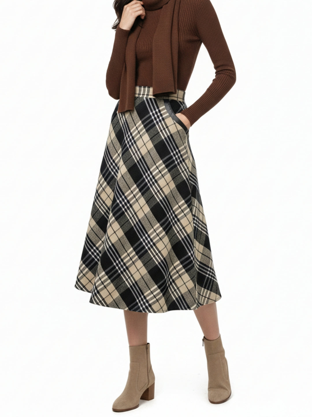 Beige Flared Checkered Skirt