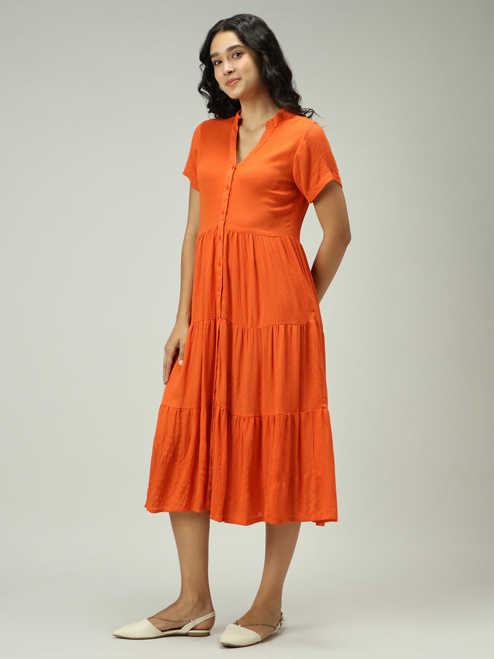 Rust Button Down Tiered Midi