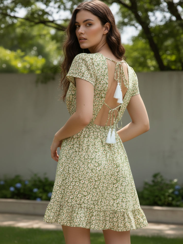 Green V-Neck Printed Ruffle Hem Dress