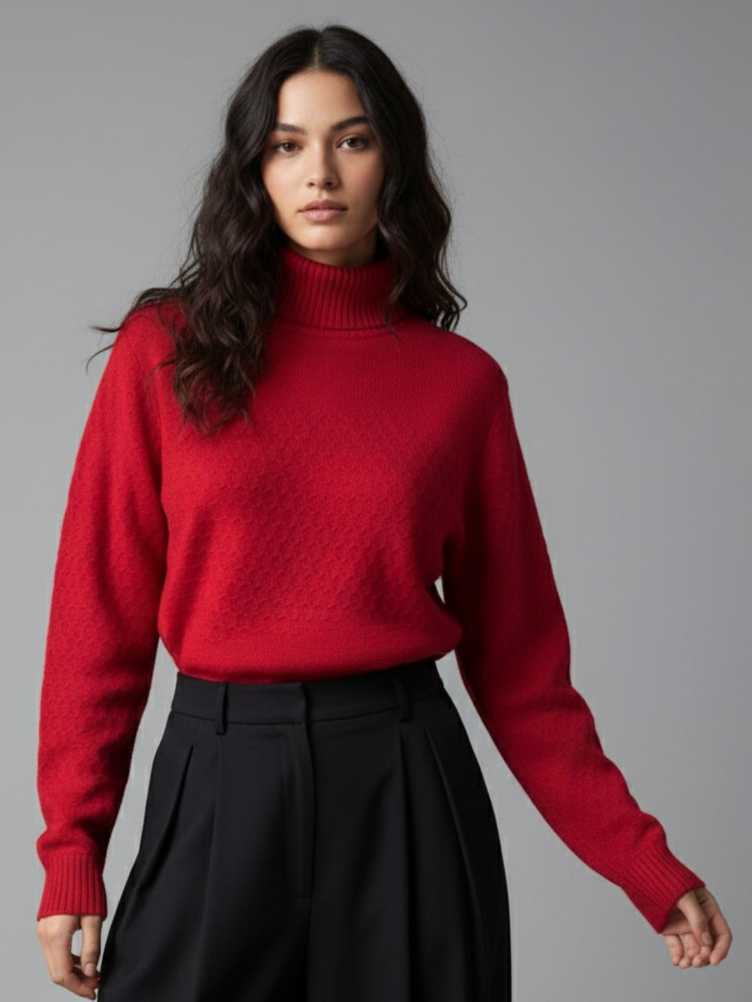 Red High Neck Honey Comb Textured Sweater