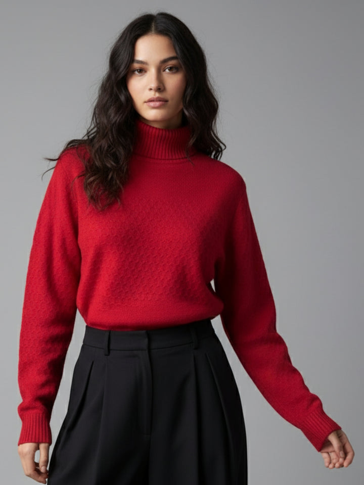 Red High Neck Honey Comb Textured Sweater