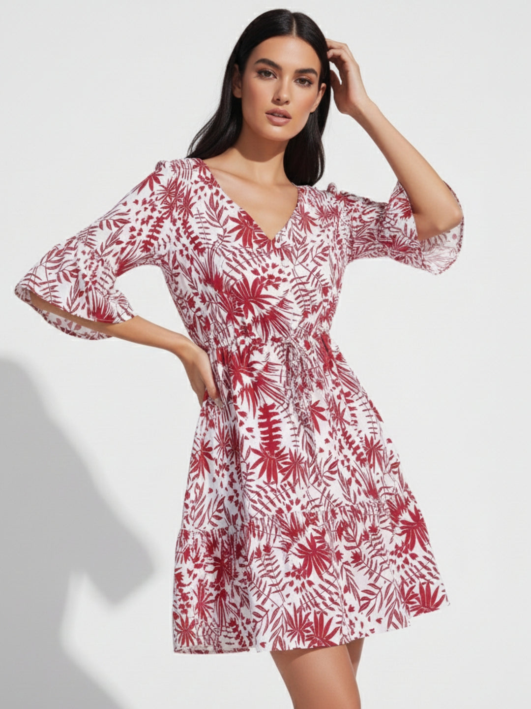 Burgundy Bell Sleeve Waist Fitted Printed Dress