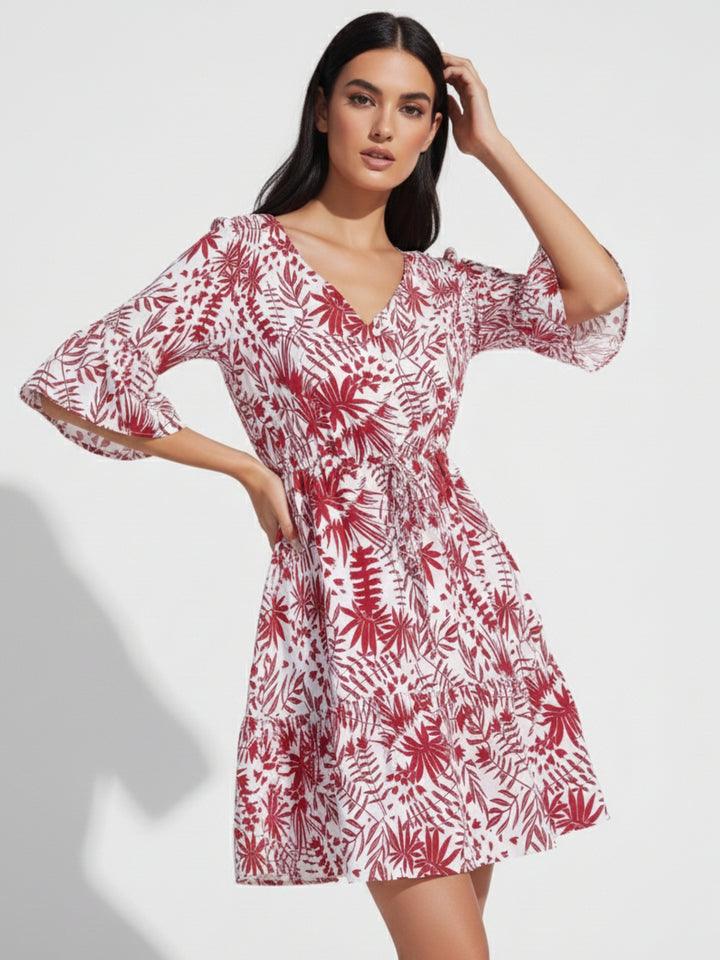 Burgundy Bell Sleeve Waist Fitted Printed Dress