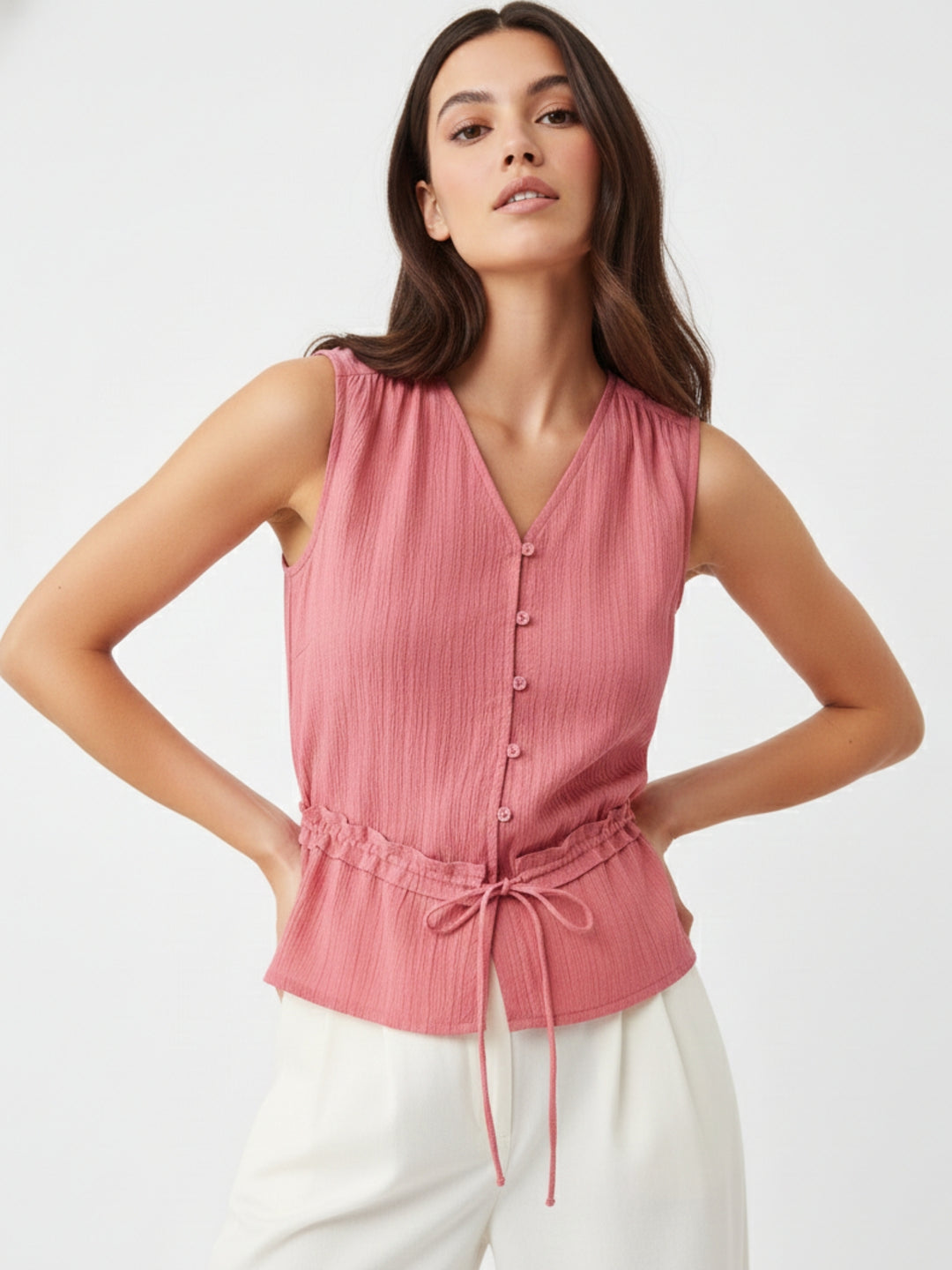 Pink Textured Top With Waist Detail