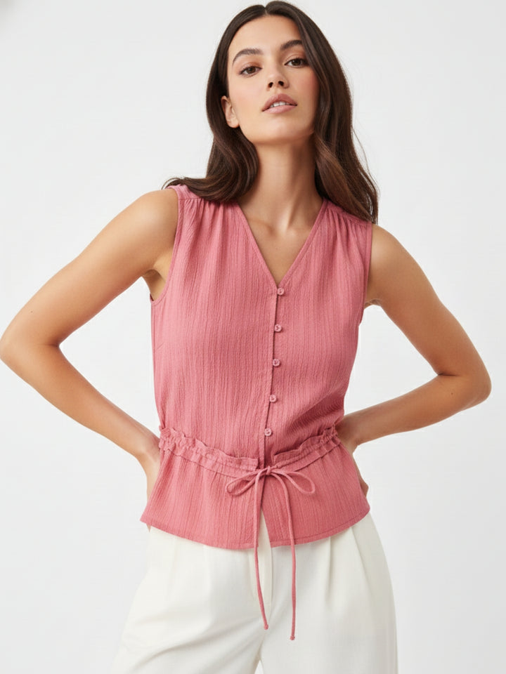 Pink Textured Top With Waist Detail