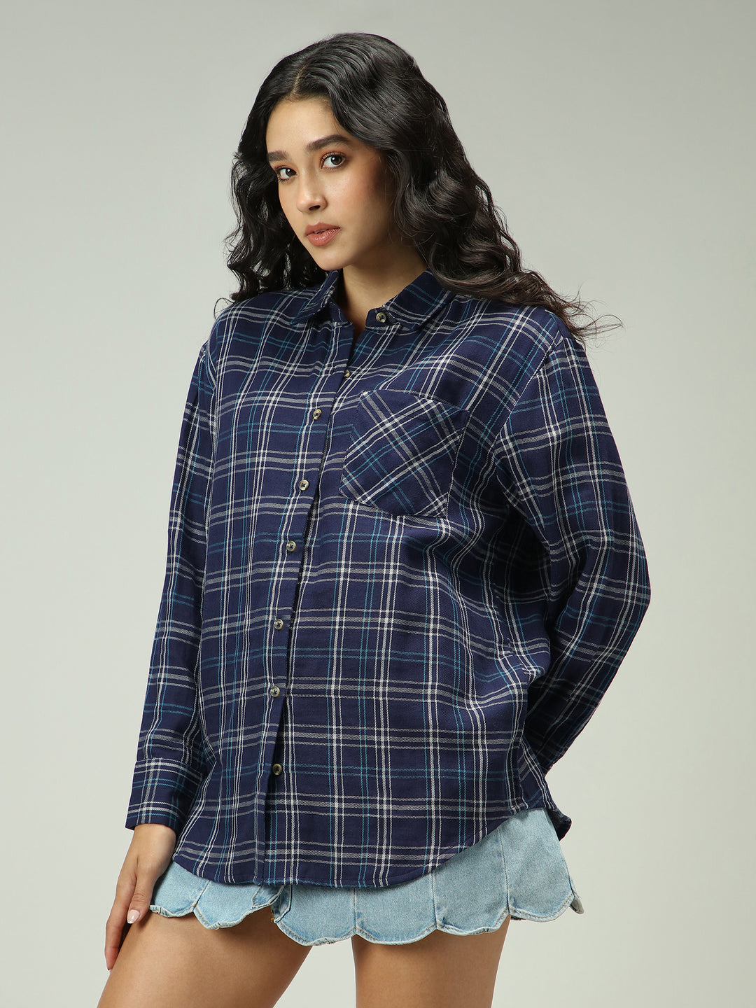 Navy Blue Checkered Streetwear Shirt