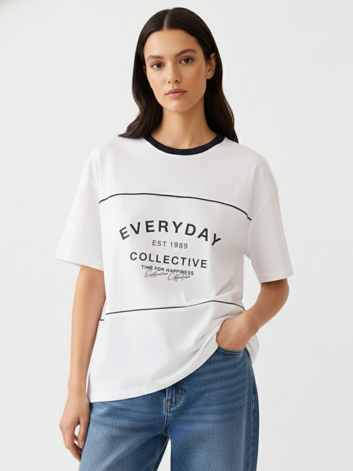 Navy Blue Oversized T-Shirt With Graphic And Cut & Sew Highlights