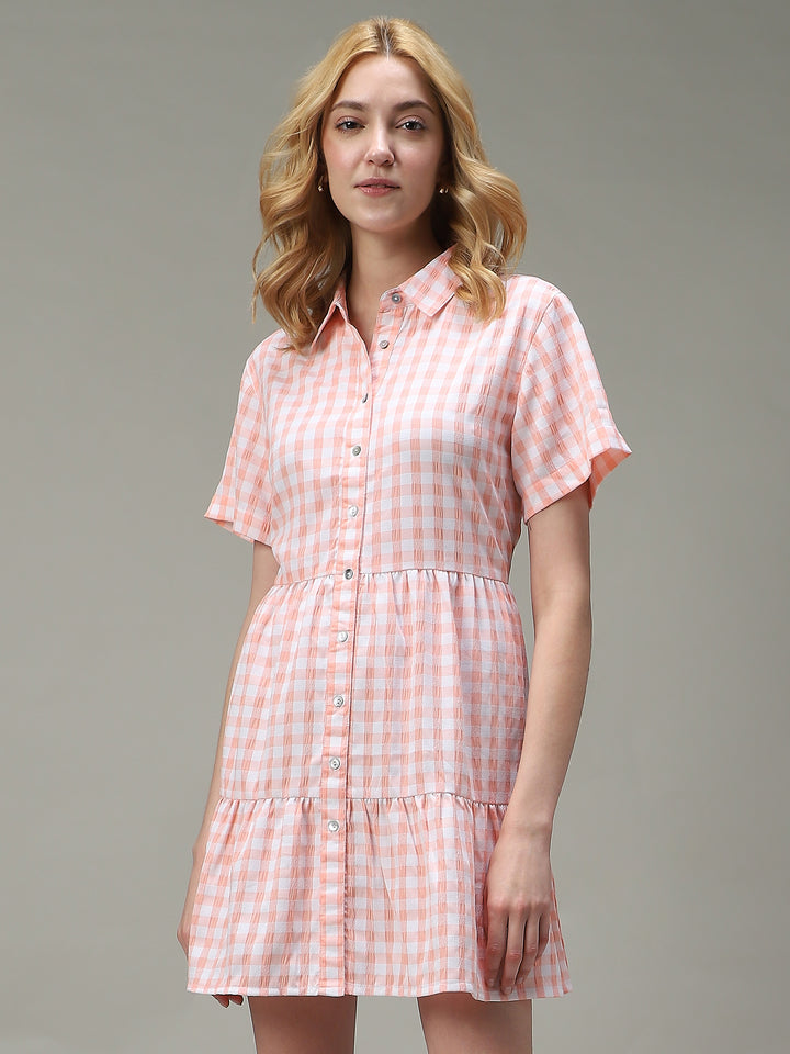 Peach Checkered Tiered Dress