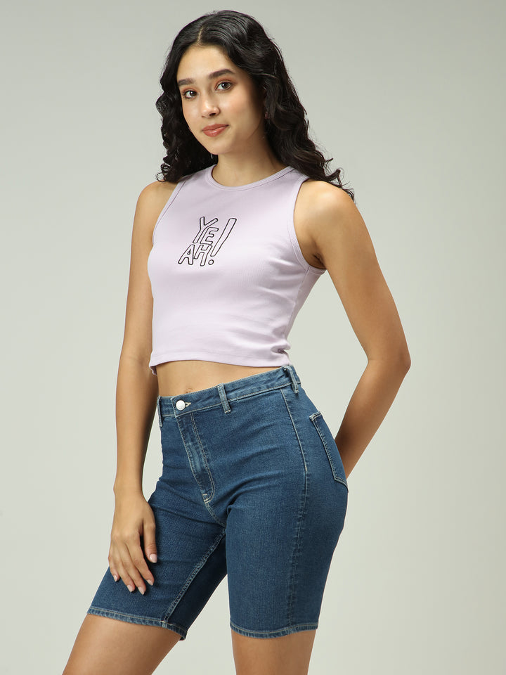 Beige Solid Embroidered Tank Top