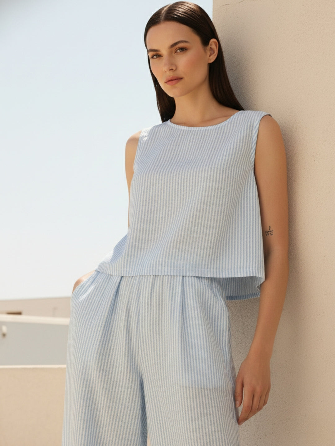 Blue Stripes Crop Top And Loose Fitted Pants Co-Ords