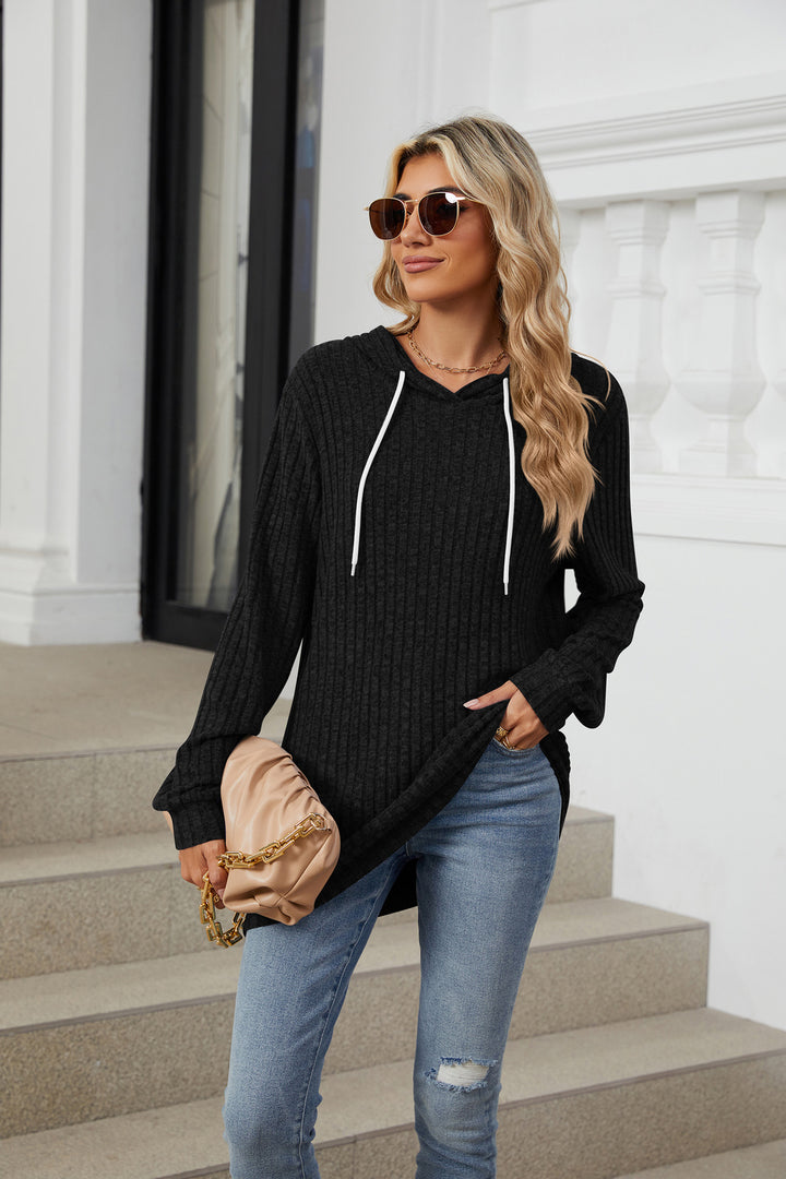 Black Full Sleeves Solid Hooded Top