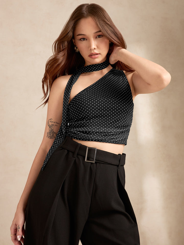 Black Polka Dot One Shoulder Top