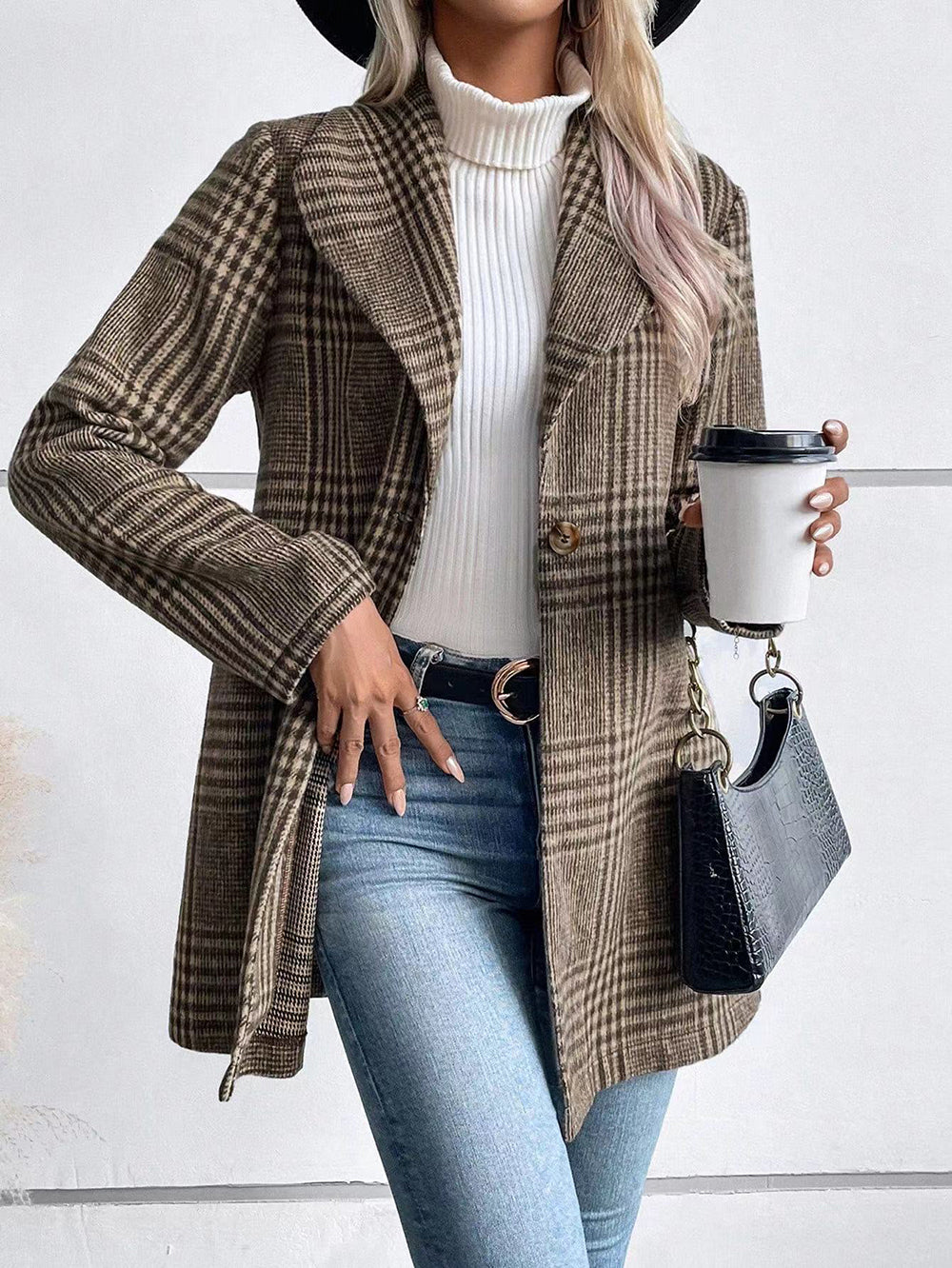 Brown Big Collar Full Sleeve Check Long Coat