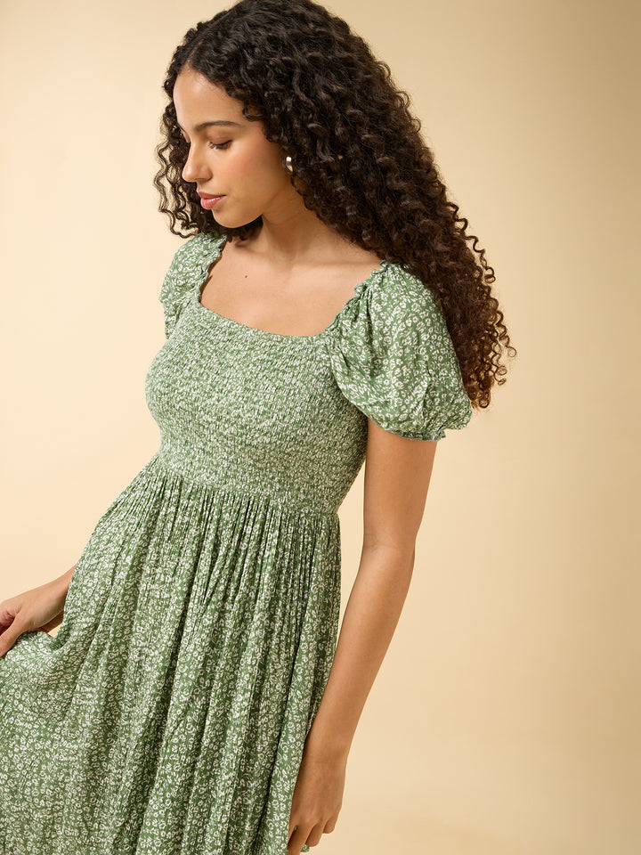 Green A-Line Midi Dress With Smocking And Slit Detail