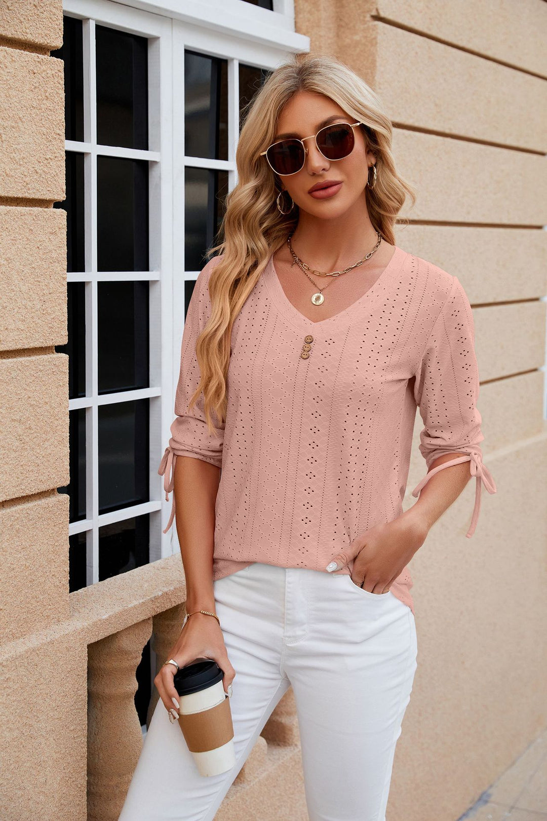 Pink V Neck Textured Top