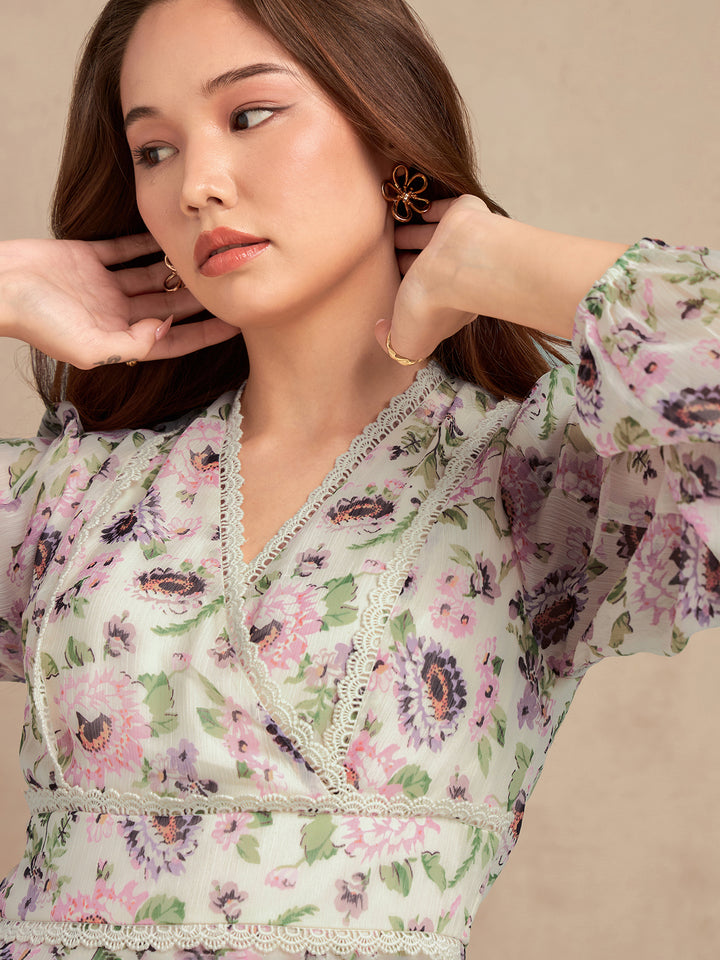 Multi Floral Printed Dress With Lace Detailing