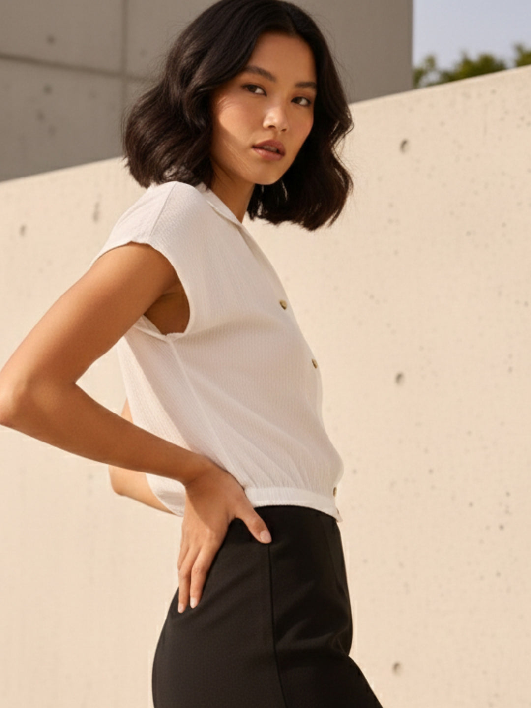 White Cropped Boxy Shirt With Waist Elastic