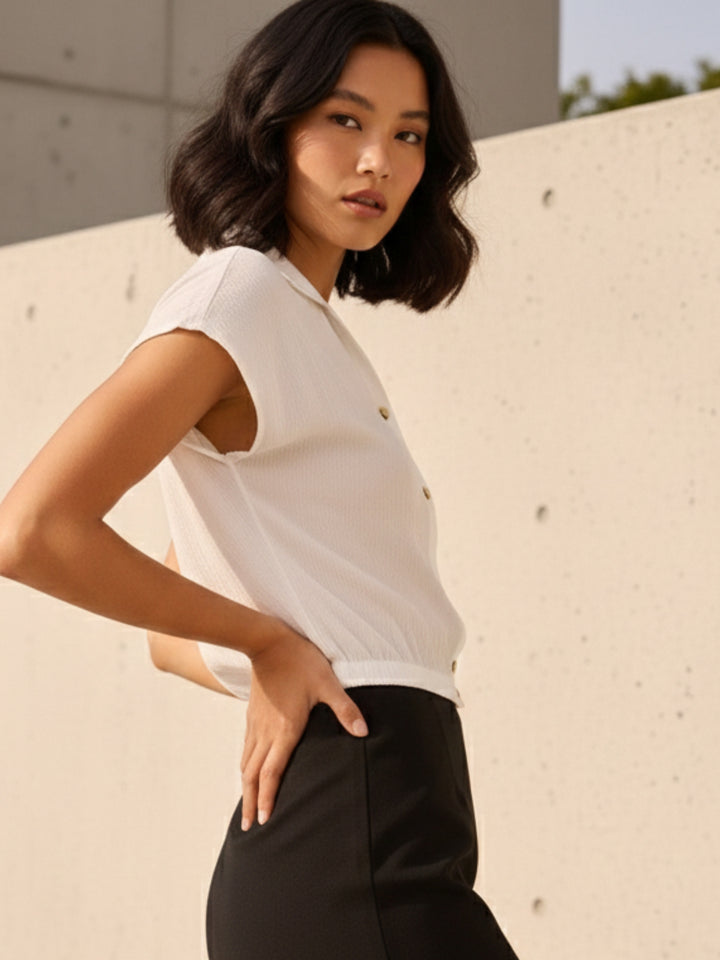 White Cropped Boxy Shirt With Waist Elastic