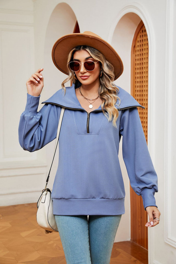 Blue Full Sleeves Big Collar Half Zip Sweatshirt