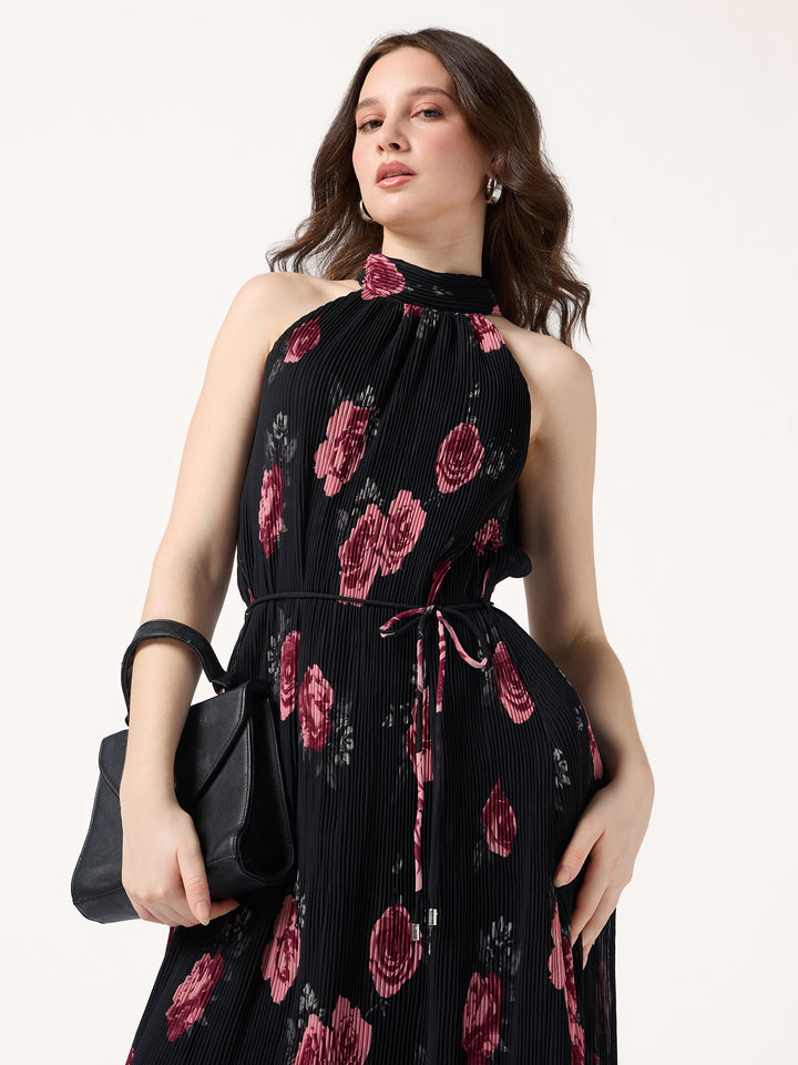 Black Halter Neck Floral Printed Dress