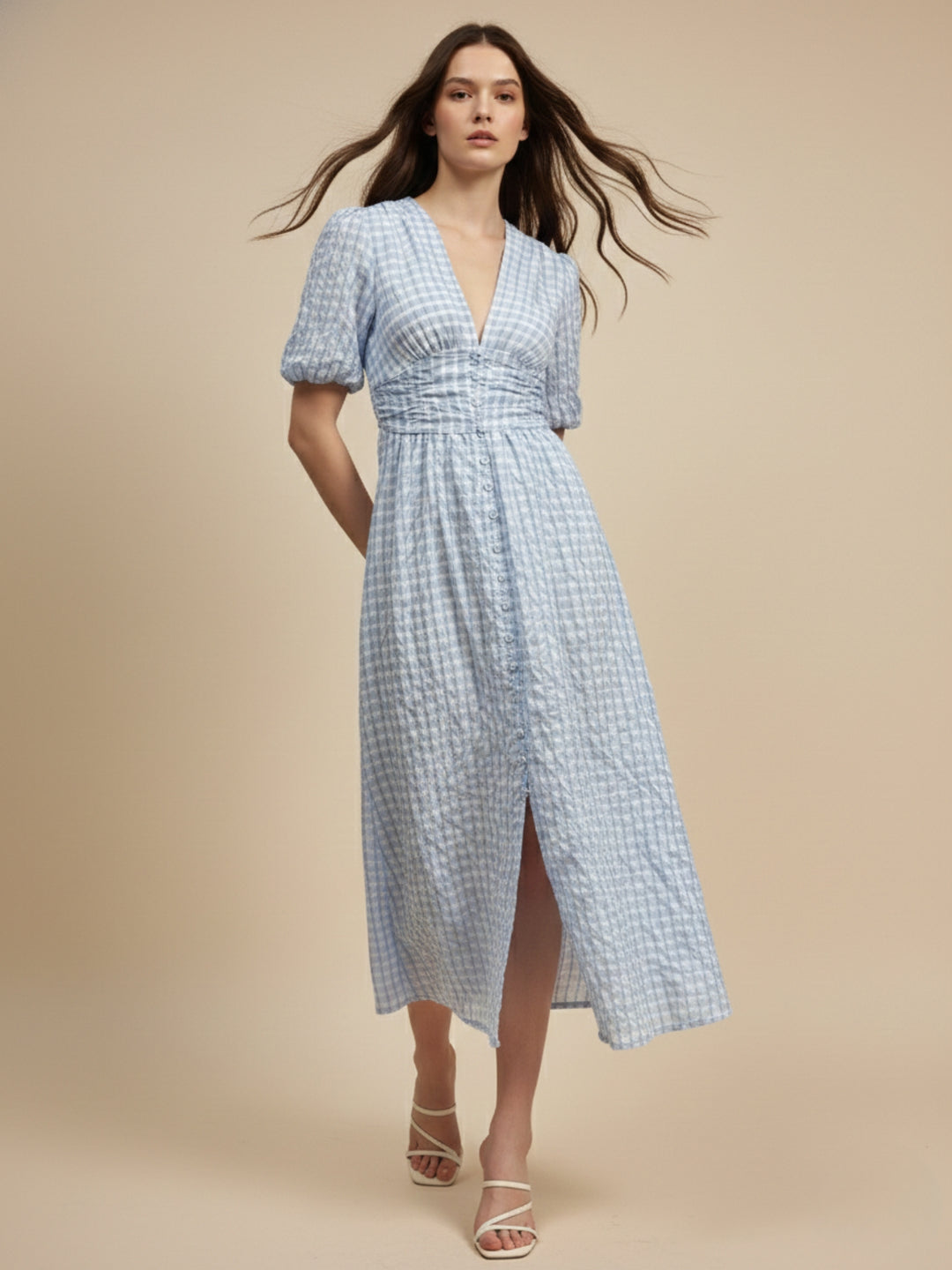 Blue Plunge Neck Puff Sleeved Dress