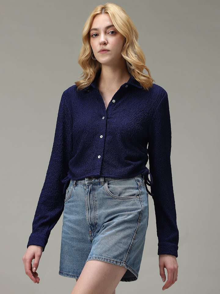 Navy Blue Textured Crop Shirt