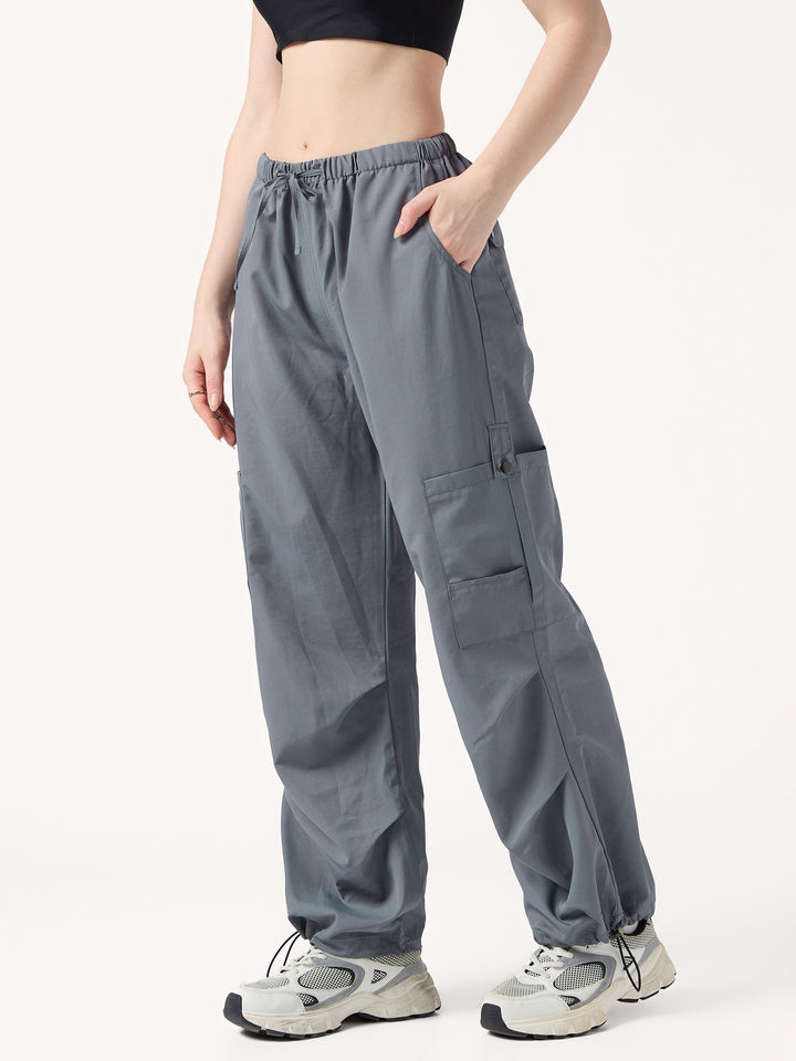 Grey Cargo Pockets Drawstring Wid Leg Trouser