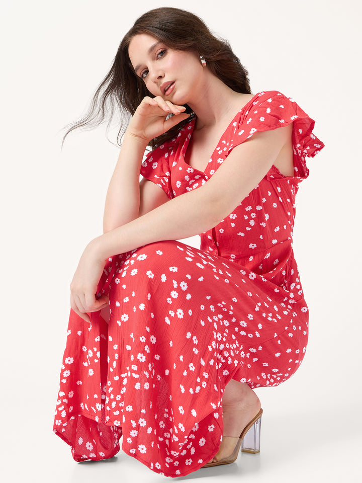 Red Printed Buttondown Dress