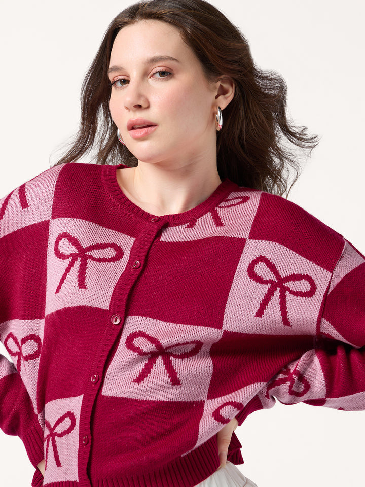 Red Colour Blocked Check With Graphic Bows Cardigan