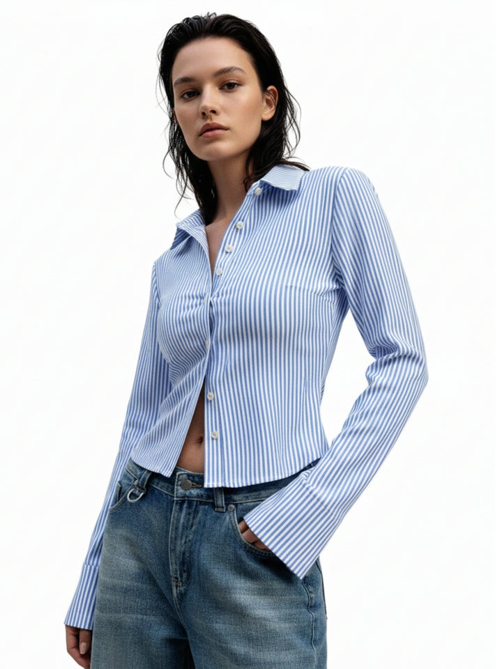 Blue Fitted Shirt With Flared Sleeves