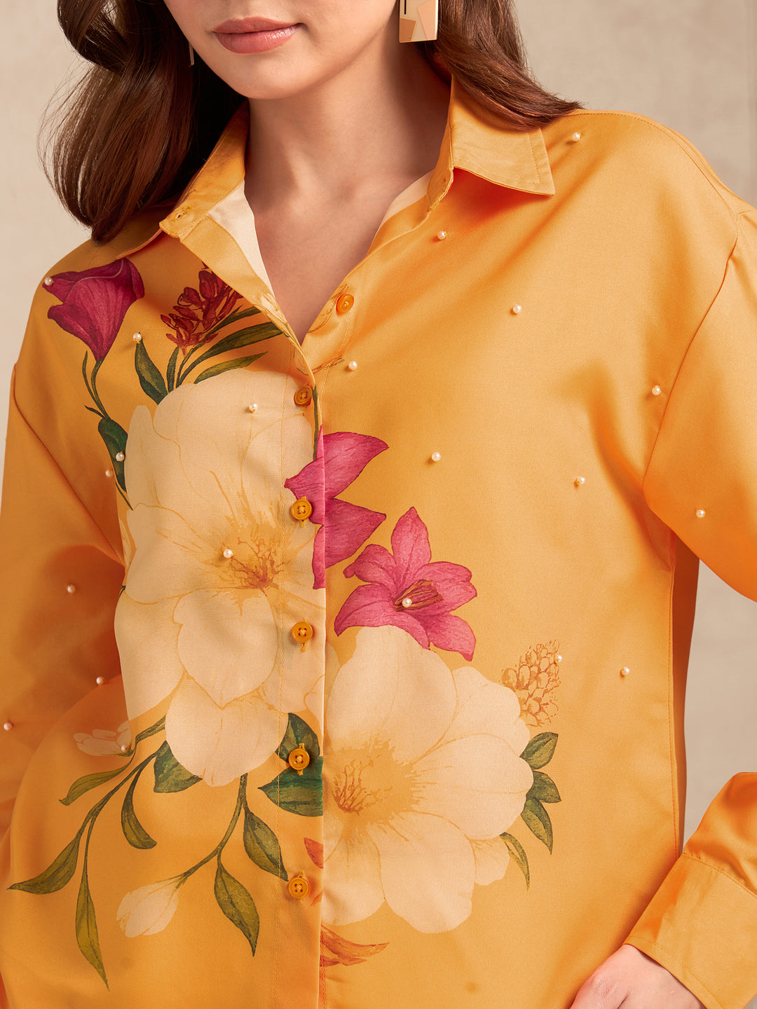 Orange Oversized Printed Shirt With All Over Embellishment