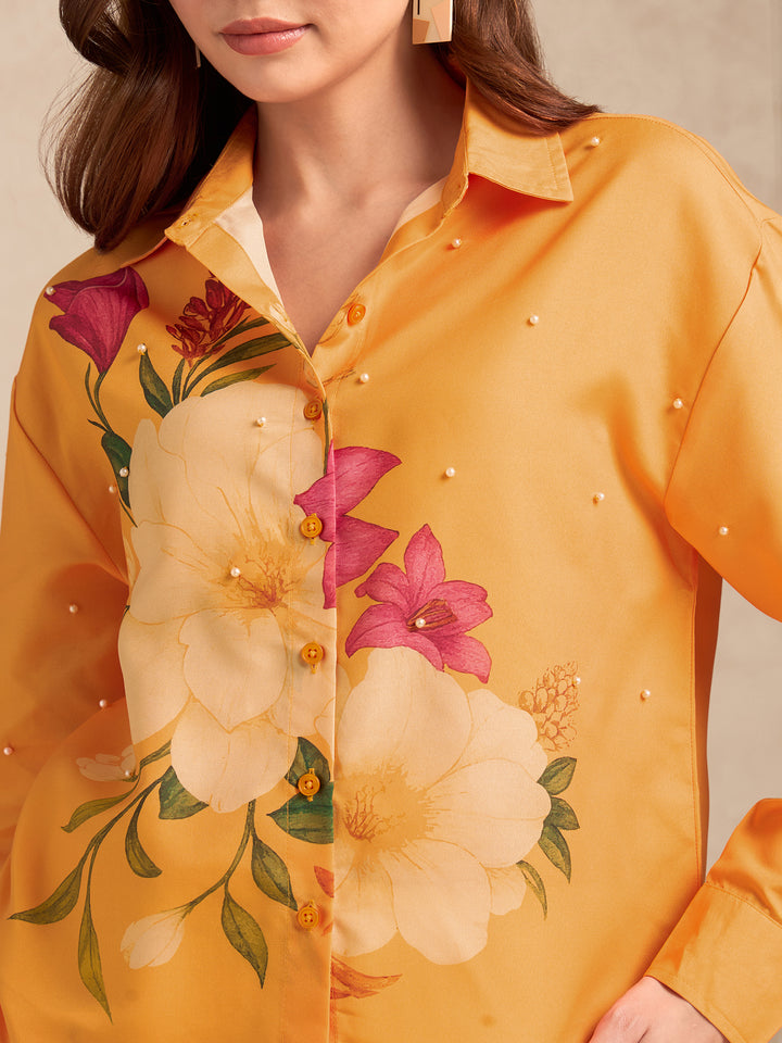 Orange Oversized Printed Shirt With All Over Embellishment