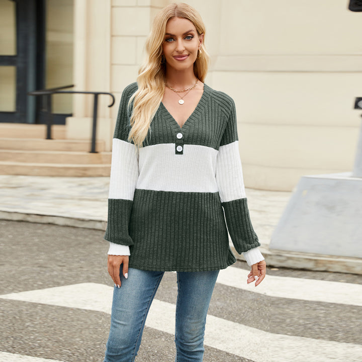 Dark Green Full Sleeves Colour Block V Neck Top