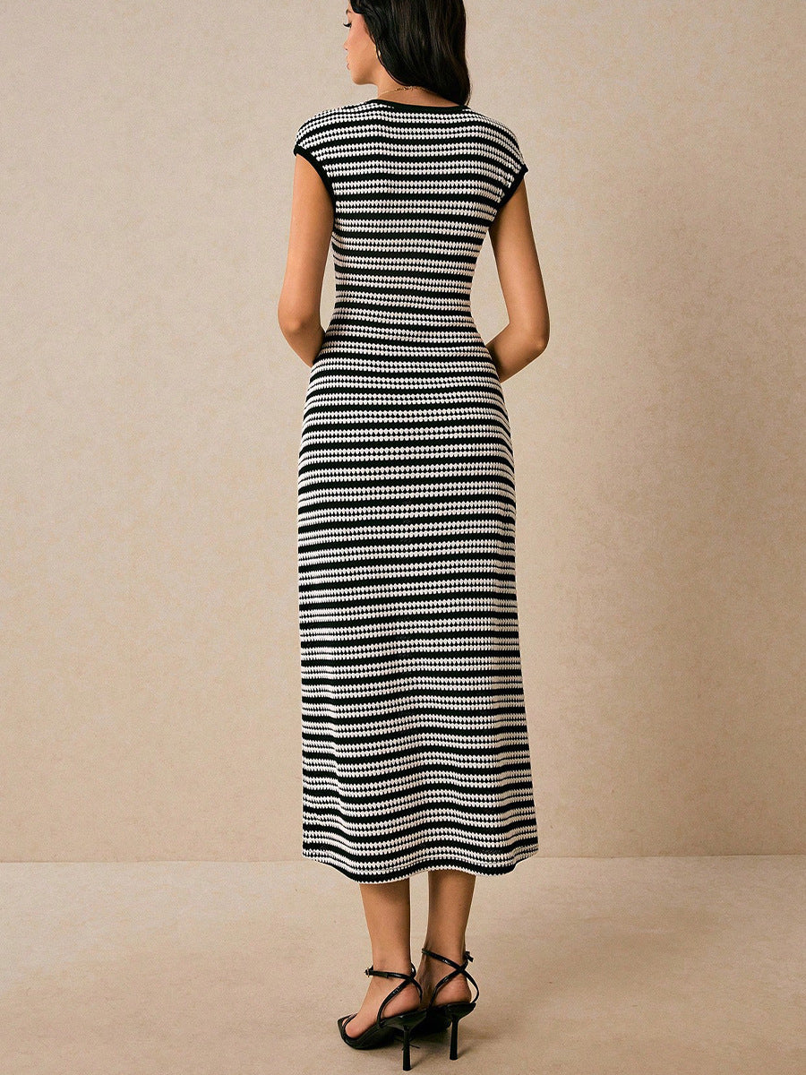 Black Short Sleeve Crew Neck Striped Dress