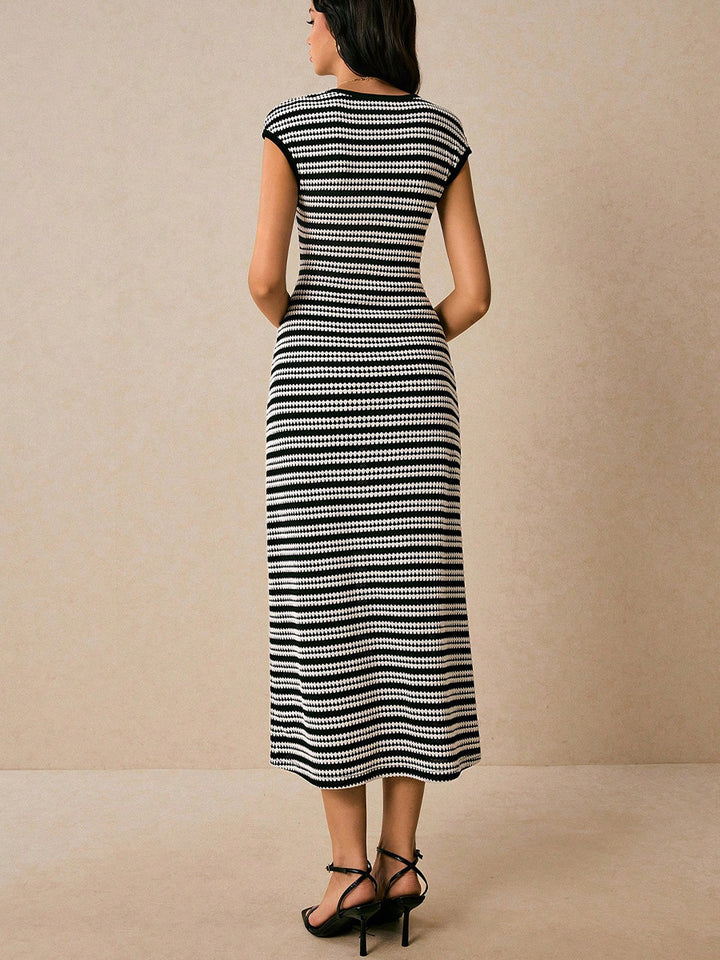 Black Short Sleeve Crew Neck Striped Dress