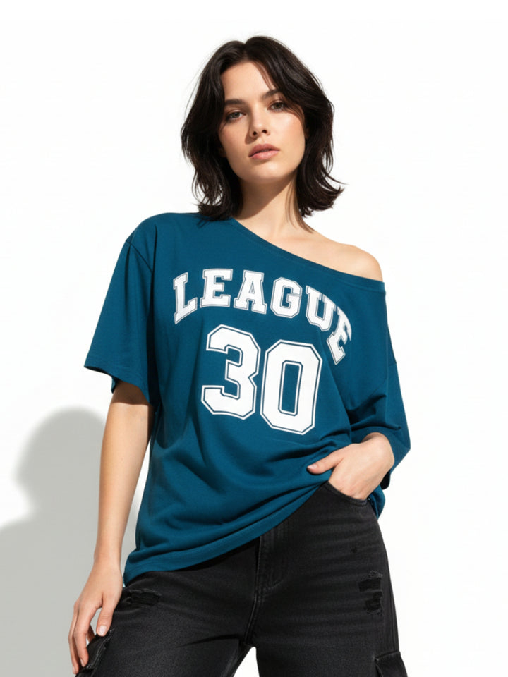 Teal Off-Shoulder Graphic Printed T-Shirt