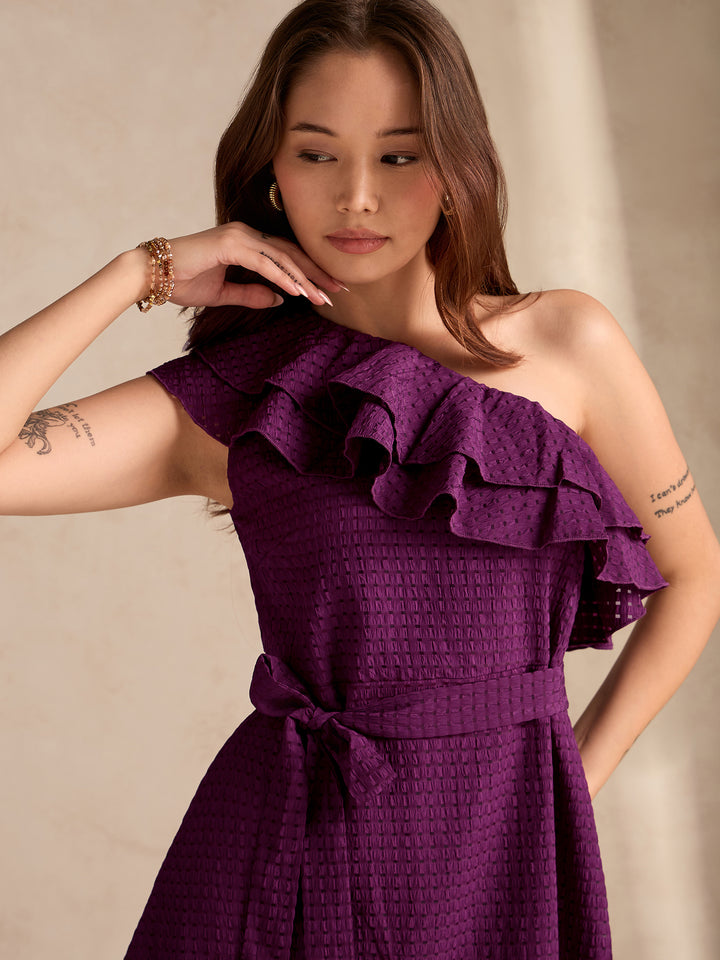 Purple Soft Ruffle One Shoulder Dress