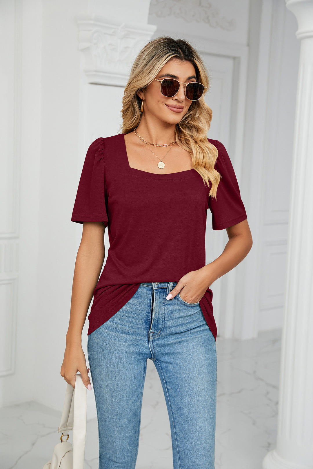 Burgundy Short Sleeve Square Neck Top