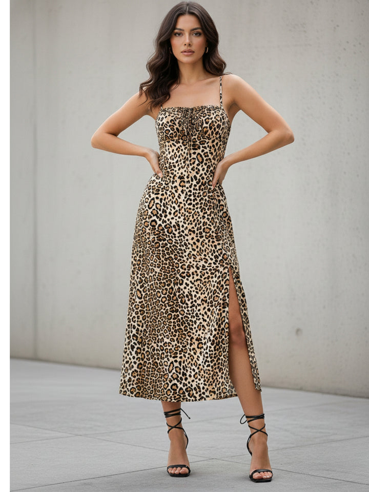 Brown Spaghetti Strap Animal Printed Dress