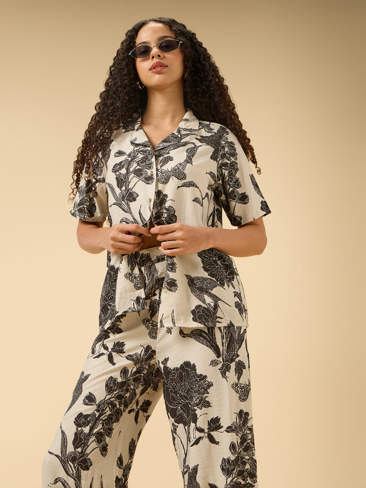 Off White Floral Printed Top And Pants Co-Ord Set