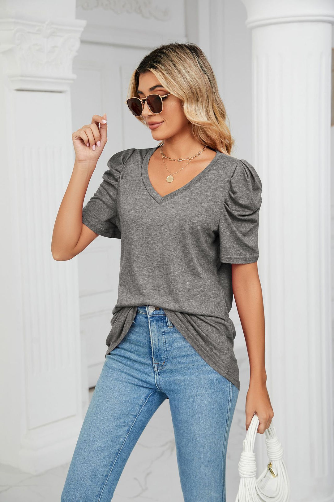Grey Puff Sleeves V Neck Top